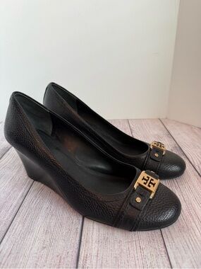 TORY BURCH Black Pebbled Leather Wedge Heels Shoes 9.5